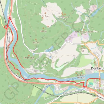 Walk over A9 bridge over River Braan by pedestrian pavement (sidewalk) and small diversion for SGN gas pipeline route then Fiddlers path GPS track, route, trail